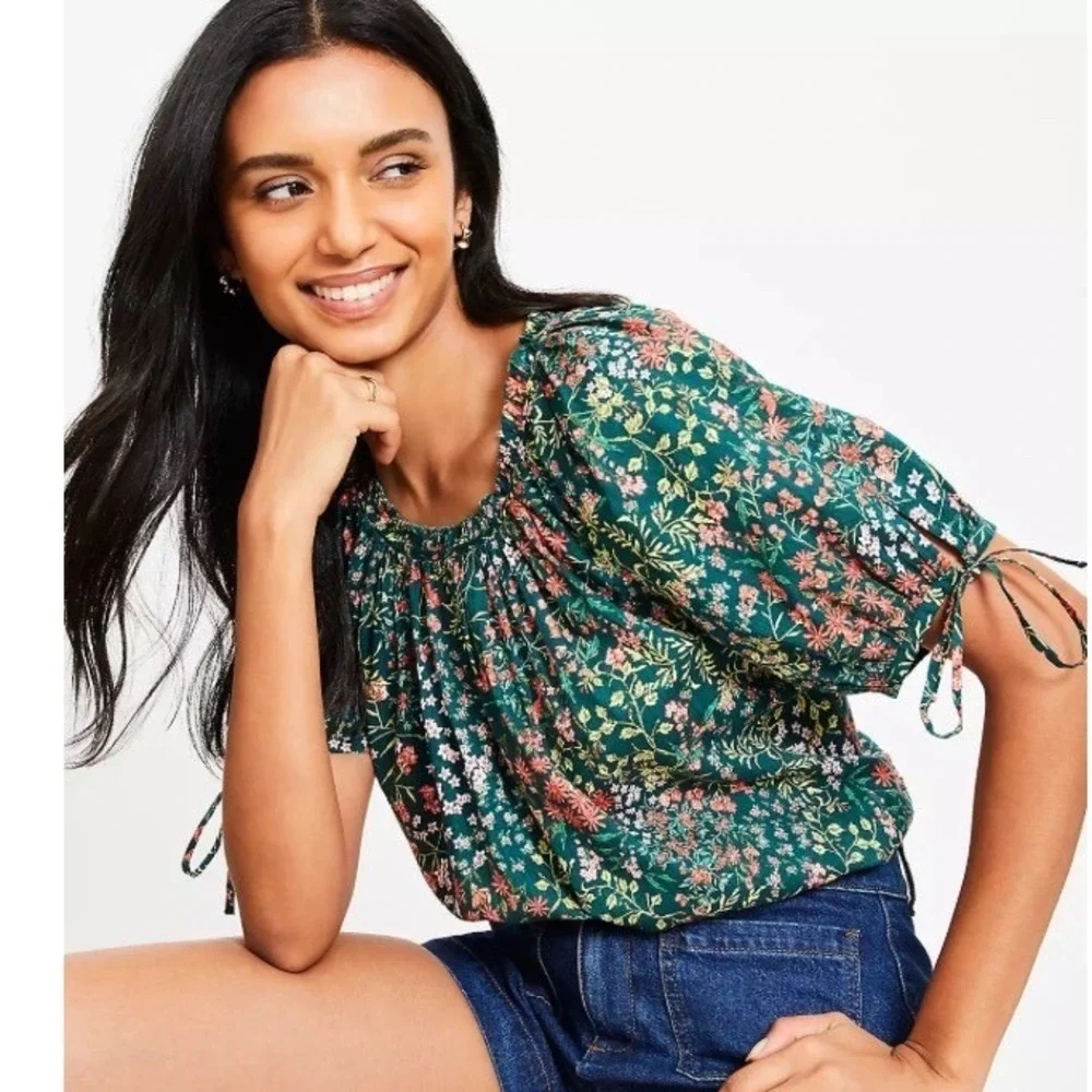 LOFT Women's Green Floral Smocked Off-Shoulder‎ Puff Sleeve Crop Top Blouse